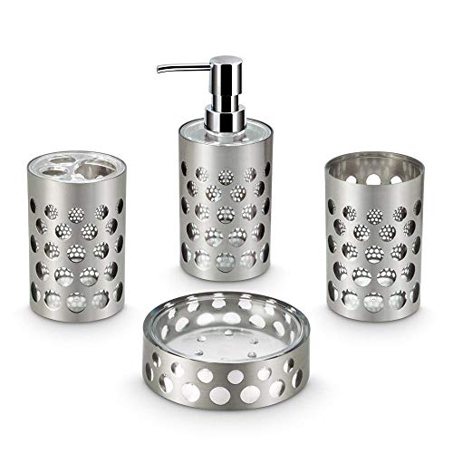 Freelance Miami Polystyrene Bathroom Accessories Set of 4, Silver - Liquid Handwash Soap Dispenser, Brush/Toothbrush Holder, Tumbler, Dish - Plastic Bathroom Set for Wash Basin - Stronger than Ceramic - Image 1