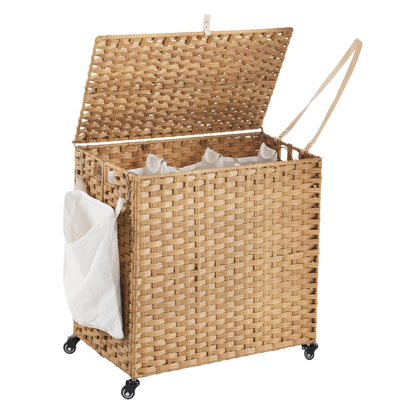 Hiagnete Laundry Hamper with Wheels, 39.6 Gallon(150L) Rolling Laundry Basket with Lid, 3-Section Rattan Clothes Hamper with 3 Removable Liner & 3 Mesh Bags, Laundry Sorter with Side Pocket, Natural - Image 1
