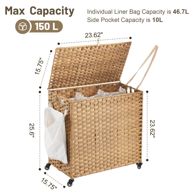 Hiagnete Laundry Hamper with Wheels, 39.6 Gallon(150L) Rolling Laundry Basket with Lid, 3-Section Rattan Clothes Hamper with 3 Removable Liner & 3 Mesh Bags, Laundry Sorter with Side Pocket, Natural - Image 4