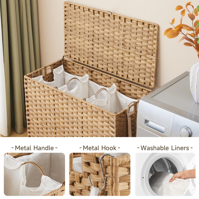 Hiagnete Laundry Hamper with Wheels, 39.6 Gallon(150L) Rolling Laundry Basket with Lid, 3-Section Rattan Clothes Hamper with 3 Removable Liner & 3 Mesh Bags, Laundry Sorter with Side Pocket, Natural - Image 5