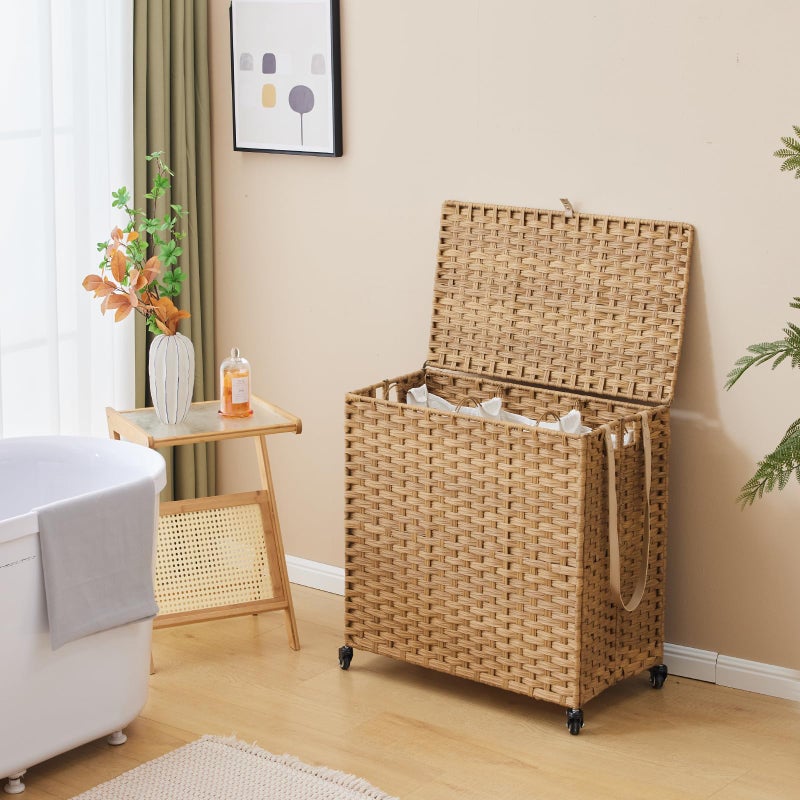 Hiagnete Laundry Hamper with Wheels, 39.6 Gallon(150L) Rolling Laundry Basket with Lid, 3-Section Rattan Clothes Hamper with 3 Removable Liner & 3 Mesh Bags, Laundry Sorter with Side Pocket, Natural - Image 3