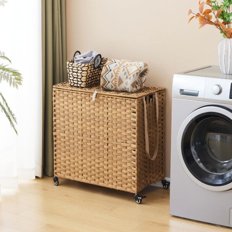 Hiagnete Laundry Hamper with Wheels, 39.6 Gallon(150L) Rolling Laundry Basket with Lid, 3-Section Rattan Clothes Hamper with 3 Removable Liner & 3 Mesh Bags, Laundry Sorter with Side Pocket, Natural - Image 2