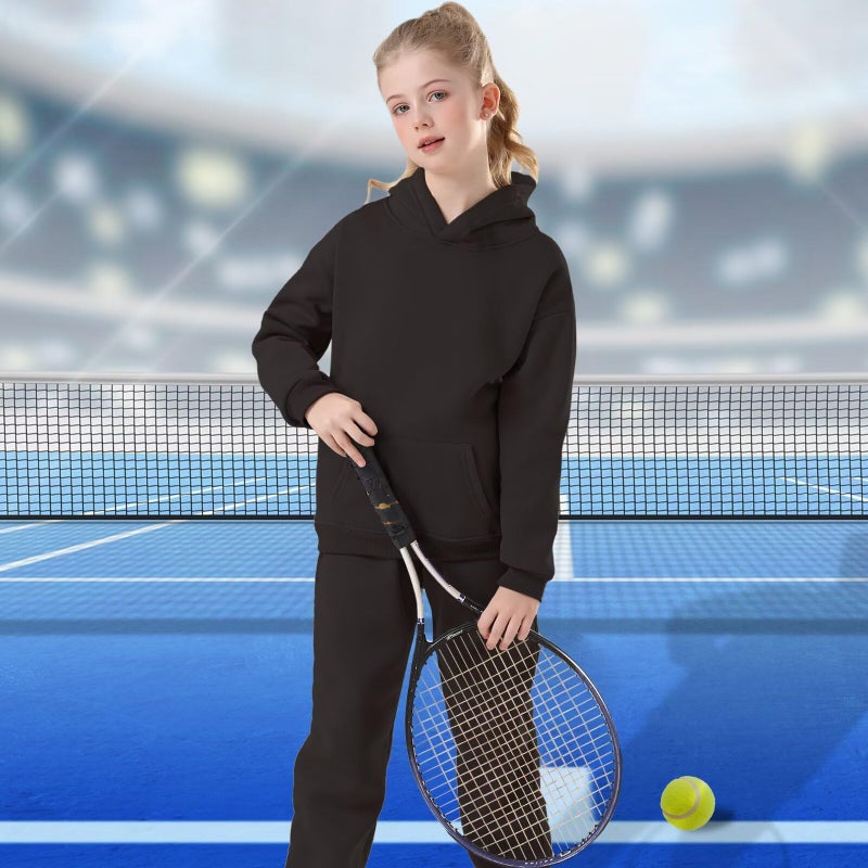 DHSPKN Girls Boys 2 Piece Tracksuit Athletic Sweatsuits Sets Hooded Sweatshirt and Jogger Sweatpants Clothing Sets for Kids Black 150 - Image 2