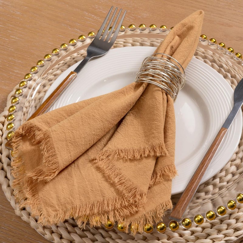 LINXTAR Handmade Cloth Napkins with Fringe 4 Pack 17x17 Thick Cotton Linen Napkins Soft Versatile Dinner Table Napkins for Parties Weddings Everyday Use  Caramel - Image 2