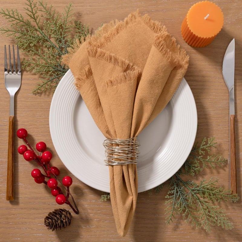 LINXTAR Handmade Cloth Napkins with Fringe 4 Pack 17x17 Thick Cotton Linen Napkins Soft Versatile Dinner Table Napkins for Parties Weddings Everyday Use  Caramel - Image 1
