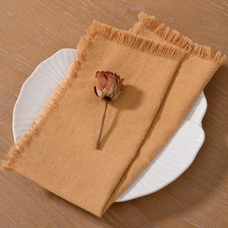 LINXTAR Handmade Cloth Napkins with Fringe 4 Pack 17x17 Thick Cotton Linen Napkins Soft Versatile Dinner Table Napkins for Parties Weddings Everyday Use  Caramel - Image 3