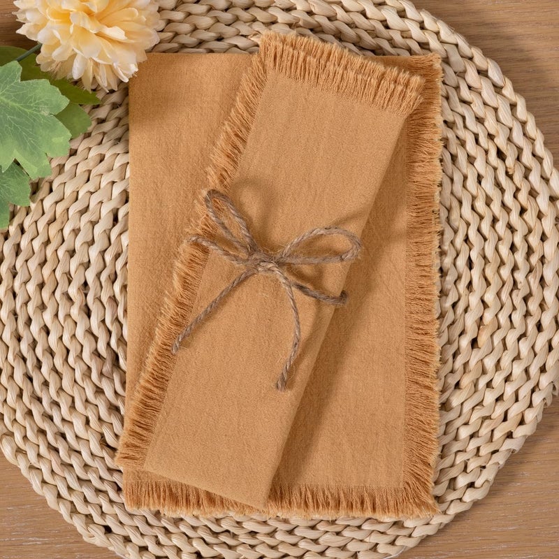 LINXTAR Handmade Cloth Napkins with Fringe 4 Pack 17x17 Thick Cotton Linen Napkins Soft Versatile Dinner Table Napkins for Parties Weddings Everyday Use  Caramel - Image 4