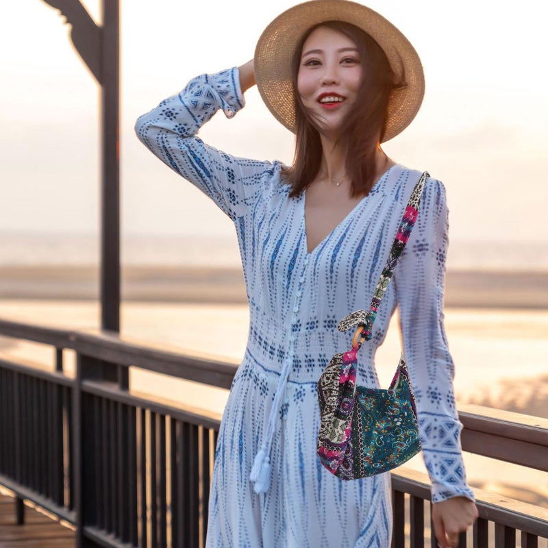 Canvas Floral Lady Cloth Bag Women's Thai Style Hippie Hobo Soulder Handbags Large Crossbody Messenger Bag Floral Purse - Image 3