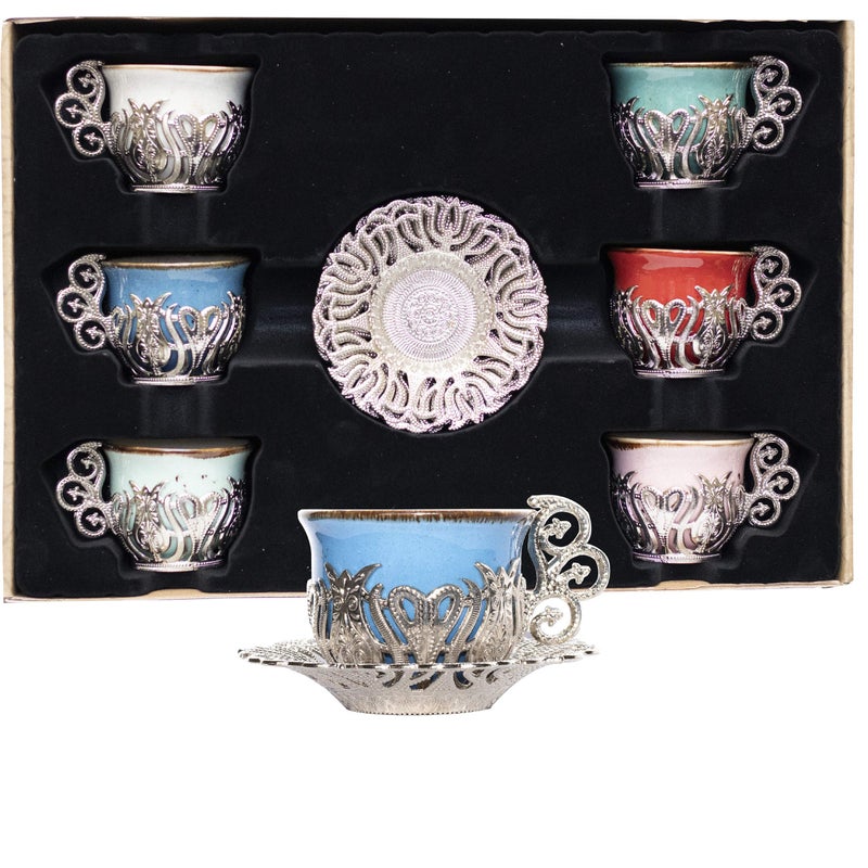 Alisveristime 12 Pc Turkish Greek Arabic Coffee Espresso Cup Saucer Porcelain Set Silver Mix Color