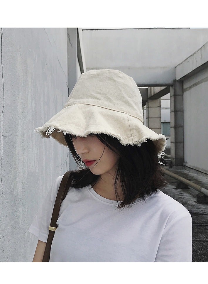 Women Broken Edge Bucket Hats - Packable Cotton Wide Brim Summer Travel Versatile Fisherman Hat Bucket Beach Sun Hat, Beige  - Image 1