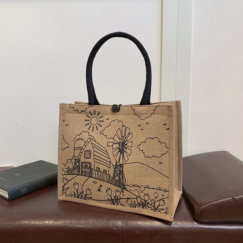 Jute Tote Bag Fashion New Printed Women'S Bag Texture Environmentally Friendly Shopping Bag - Image 5