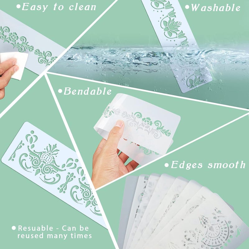 klarako 8 Pieces Ornate Border Stencil Flower Stencil Template Cake Decorating Templates Reusable DIY Art and Craft Stencil Floral Edge Baking Tool for Painting on Wood, Canvas, Paper, Fabric - Image 2