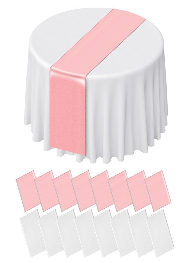 Barafat 16Pcs Round Plastic Tablecloth and Satin Table Runner Set 84 Inch Round Covers 12 x 108 Inch Table Runners for Christmas Wedding Birthday Party Baby (White) - Image 1