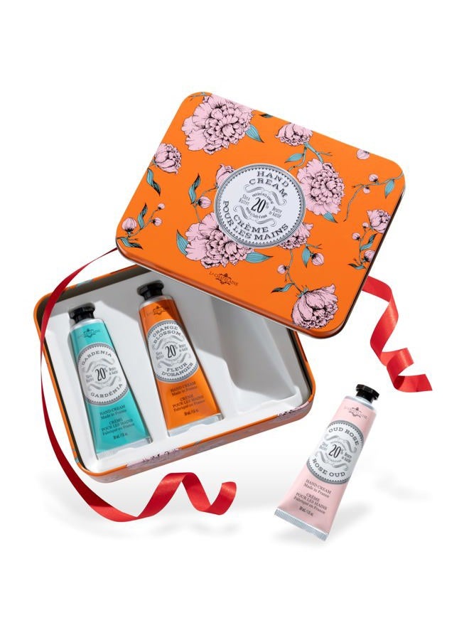 La Chatelaine Hand Cream Trio Tin, Gifts for Mom, Natural Hand Lotion Gift Set, Made in France with 20% Organic Shea Butter, Nourishing & Moisturizing (Gardenia, Orange Blossom, Oud Rose) 3 x 1 fl. oz - Image 1