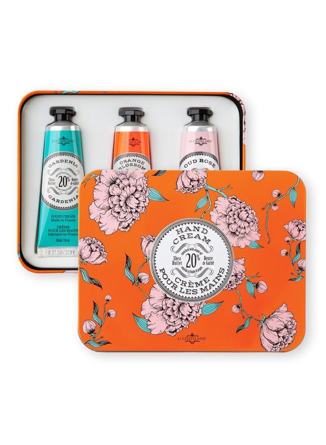 La Chatelaine Hand Cream Trio Tin, Gifts for Mom, Natural Hand Lotion Gift Set, Made in France with 20% Organic Shea Butter, Nourishing & Moisturizing (Gardenia, Orange Blossom, Oud Rose) 3 x 1 fl. oz - Image 2