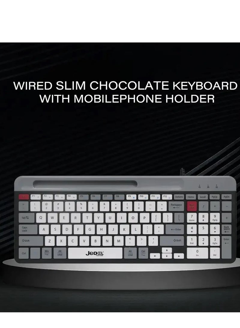 JeDEL K37 Wired Slim Chocolate Office Keyboard With Mobilephone Holder  - Image 4