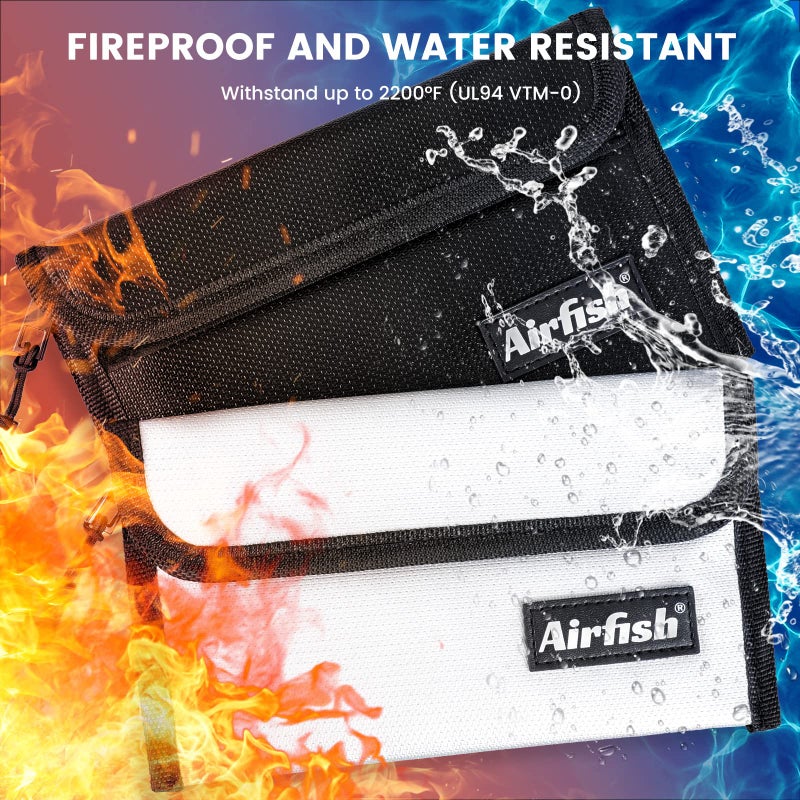 Airfish 2 pieces fireproof money bag, 5 x 8 inches fireproof wallet, waterproof money bag with zipper, small fireproof money bag for valuables - black - Image 2