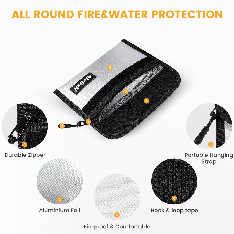 Airfish 2 pieces fireproof money bag, 5 x 8 inches fireproof wallet, waterproof money bag with zipper, small fireproof money bag for valuables - black - Image 4