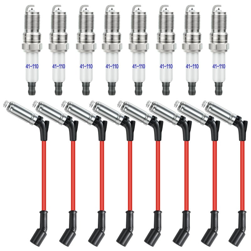 41110 Iridium Spark Plugs and 48322 Spark Plug Wires Compatible with 53 60L 62L Chevy GMC Silverado Suburban Avalanche Cadillac Escalade Yukon Sierra V8 LS Truck Pack of 8
