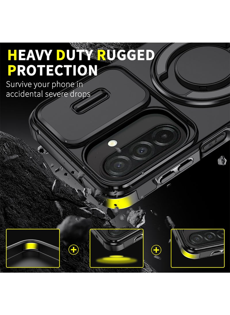 Phone Case for Galaxy A57 with Camera Cover and Ring Holder,Magnetic Car Mount Compatible, Hard Back + Soft Edge Shockproof Protective Cover,Black - Image 2