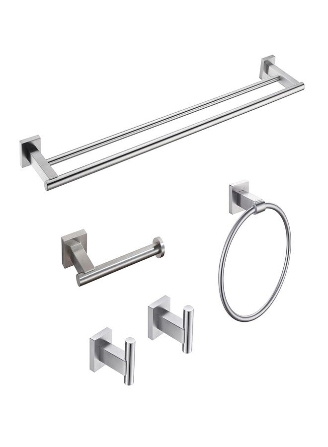 Miyili 5-Piece Bathroom Hardware Kit Set Brushed Stainless Steel Wall Mount - Includes Double Towel Bar, Hand Towel Rack, Toilet Paper Holder, 2X Robe Hook, BS02N5 - Image 1