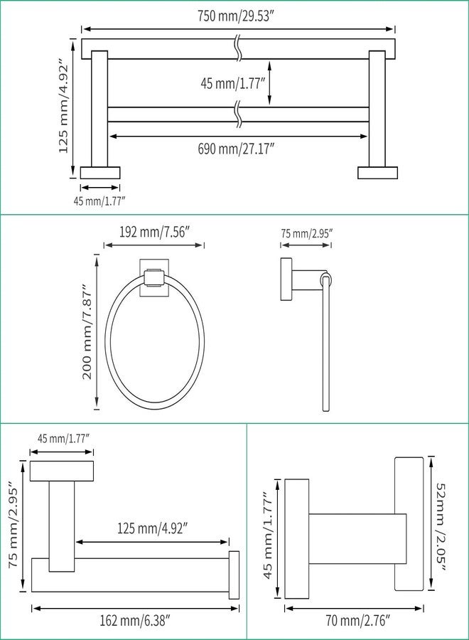 Miyili 5-Piece Bathroom Hardware Kit Set Brushed Stainless Steel Wall Mount - Includes Double Towel Bar, Hand Towel Rack, Toilet Paper Holder, 2X Robe Hook, BS02N5 - Image 2