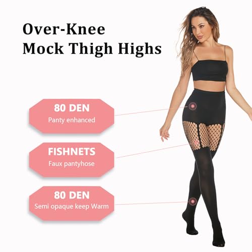 MANZI Faux Thigh High Tights Mock Suspender Pantyhose Striped Goth Fishnets Pack of 2 Suspender/Striped One Size - Image 4
