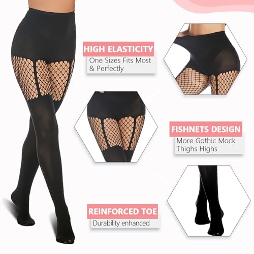 MANZI Faux Thigh High Tights Mock Suspender Pantyhose Striped Goth Fishnets Pack of 2 Suspender/Striped One Size - Image 3