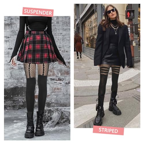 MANZI Faux Thigh High Tights Mock Suspender Pantyhose Striped Goth Fishnets Pack of 2 Suspender/Striped One Size - Image 2