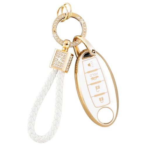 PIFOOG for Nissan Key Fob Cover Altima Rogue Sentra Murano Armada Pathfinder Accessories 4 Buttons Soft TPU White Gold Car Keys Case Shell Protecor Girly Women Cute
