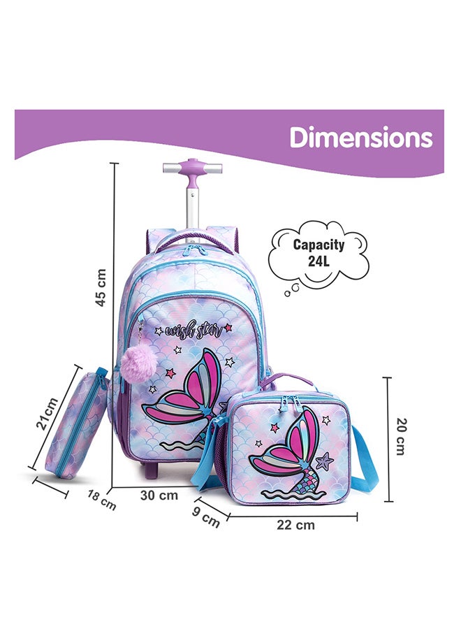 Eazy Kids 18Inch Set of 3 Trolley School Bag with Lunch Bag and Pencil Case Mermaid - Purple - Image 5