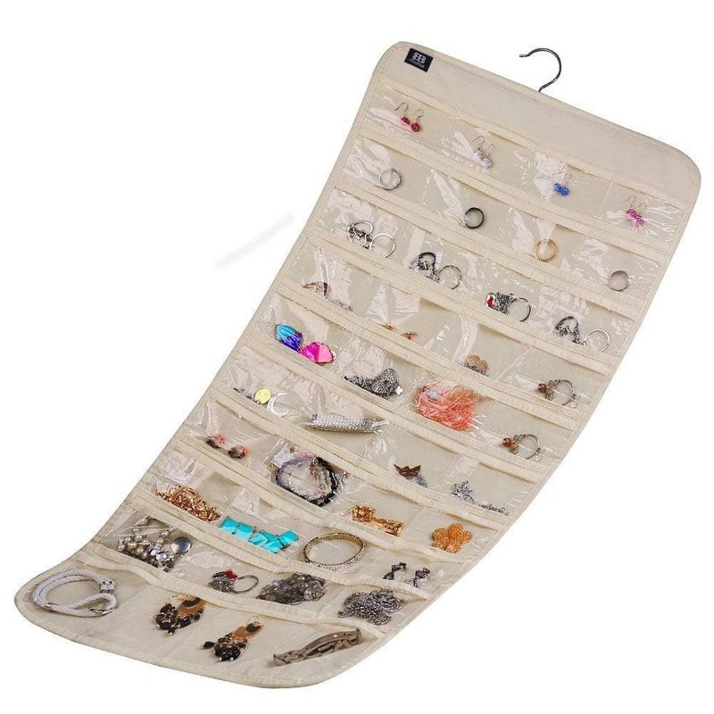 ASFUN Hanging Jewelry Organizer – 56 Double-Sided Pockets for Earrings, Necklaces, Rings & Accessories | Space-Saving Closet Jewelry Storage (Beige) - Image 4