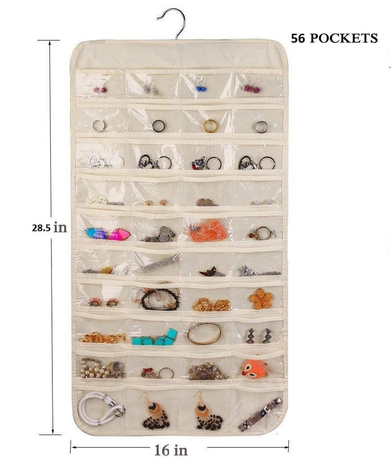 ASFUN Hanging Jewelry Organizer – 56 Double-Sided Pockets for Earrings, Necklaces, Rings & Accessories | Space-Saving Closet Jewelry Storage (Beige) - Image 2