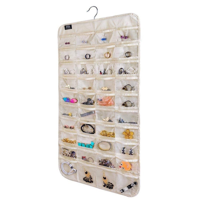 ASFUN Hanging Jewelry Organizer – 56 Double-Sided Pockets for Earrings, Necklaces, Rings & Accessories | Space-Saving Closet Jewelry Storage (Beige) - Image 1