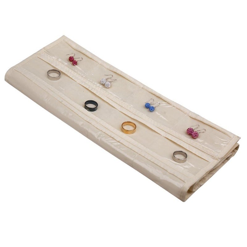 ASFUN Hanging Jewelry Organizer – 56 Double-Sided Pockets for Earrings, Necklaces, Rings & Accessories | Space-Saving Closet Jewelry Storage (Beige) - Image 3