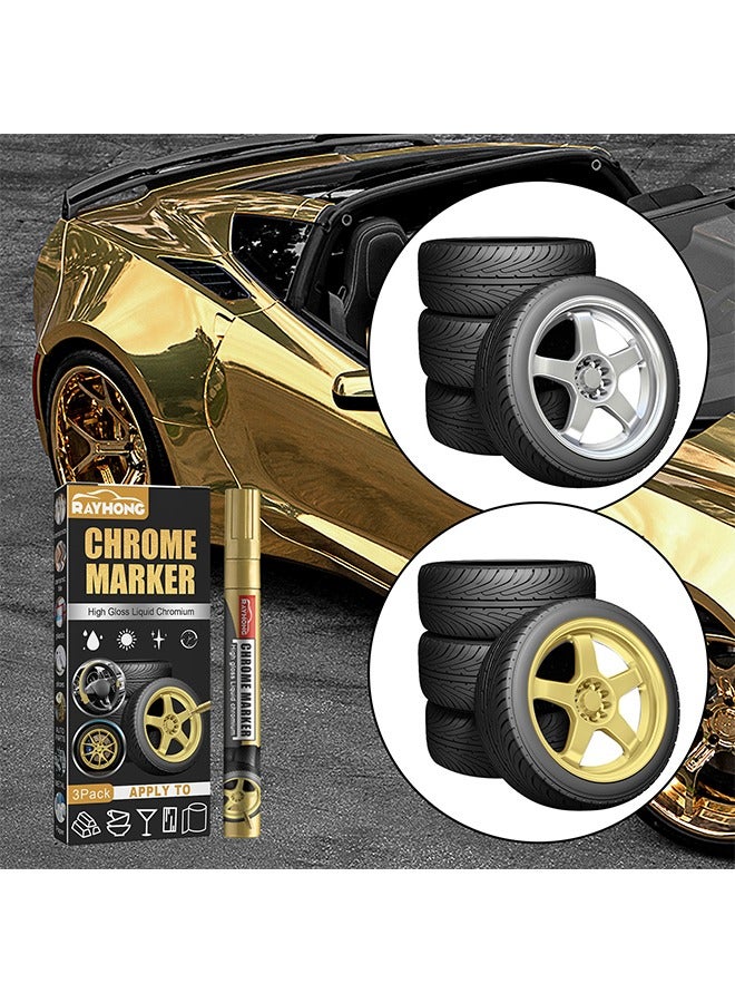 Liquid Chrome Markers, Gold Permanent Reflective Mirror Liquid Chrome Paint Pens, High Gloss Art Car DIY Model Repair Markers For Plastic Metal Glass Ceramic Glass (3PCS, Gold) - Image 2