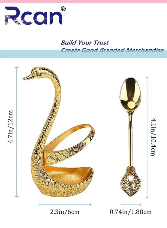 ركان طقم ملاعق قهوة مع حامل قاعدة سوان، 6 قطع ملاعق حلوى مع منظم، طقم أدوات مائدة للحلوى، ملاعق صغيرة رقيقة للقهوة والحلوى والآيس كريم، ذهبي - Image 2