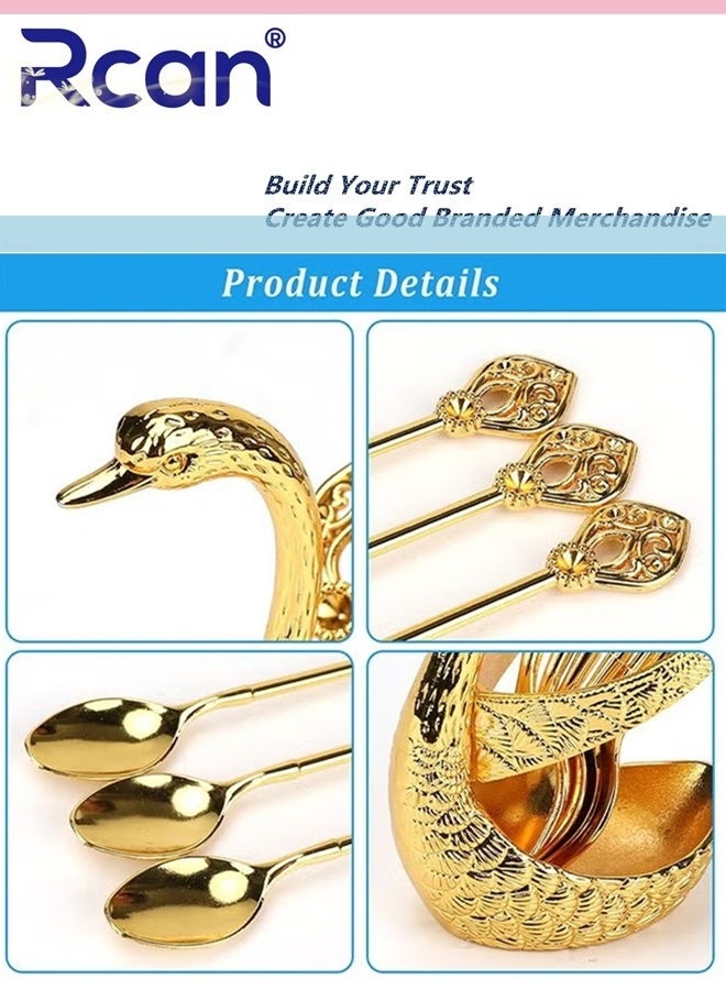 ركان طقم ملاعق قهوة مع حامل قاعدة سوان، 6 قطع ملاعق حلوى مع منظم، طقم أدوات مائدة للحلوى، ملاعق صغيرة رقيقة للقهوة والحلوى والآيس كريم، ذهبي - Image 3