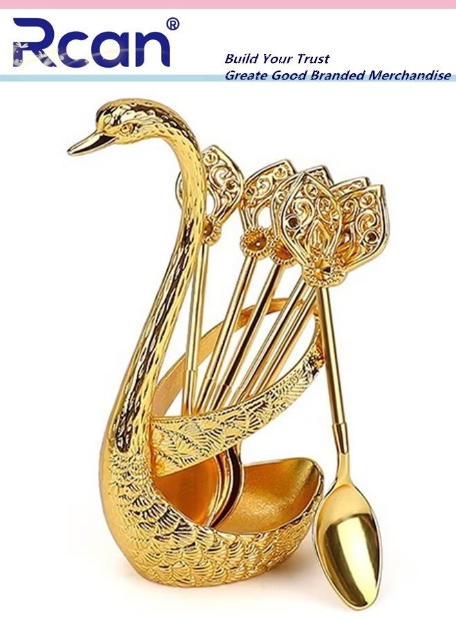 ركان طقم ملاعق قهوة مع حامل قاعدة سوان، 6 قطع ملاعق حلوى مع منظم، طقم أدوات مائدة للحلوى، ملاعق صغيرة رقيقة للقهوة والحلوى والآيس كريم، ذهبي - Image 1