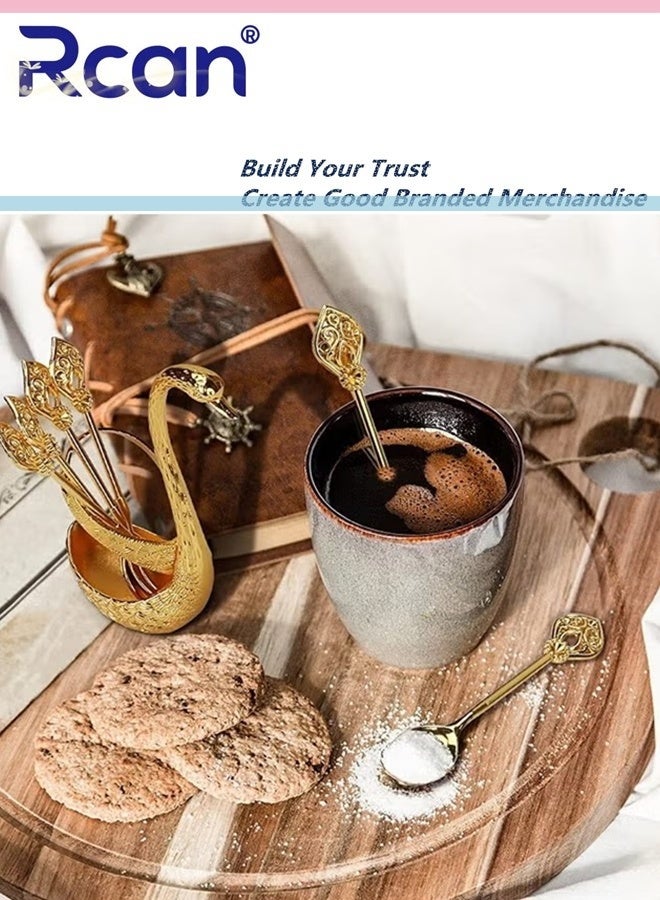 ركان طقم ملاعق قهوة مع حامل قاعدة سوان، 6 قطع ملاعق حلوى مع منظم، طقم أدوات مائدة للحلوى، ملاعق صغيرة رقيقة للقهوة والحلوى والآيس كريم، ذهبي - Image 5