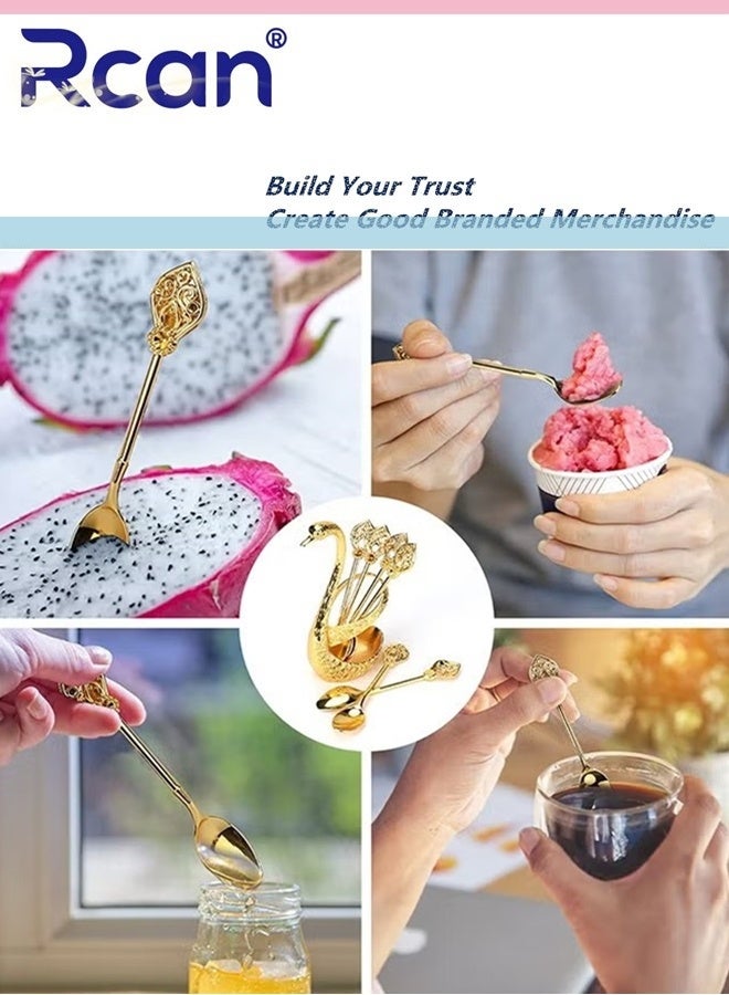 ركان طقم ملاعق قهوة مع حامل قاعدة سوان، 6 قطع ملاعق حلوى مع منظم، طقم أدوات مائدة للحلوى، ملاعق صغيرة رقيقة للقهوة والحلوى والآيس كريم، ذهبي - Image 4