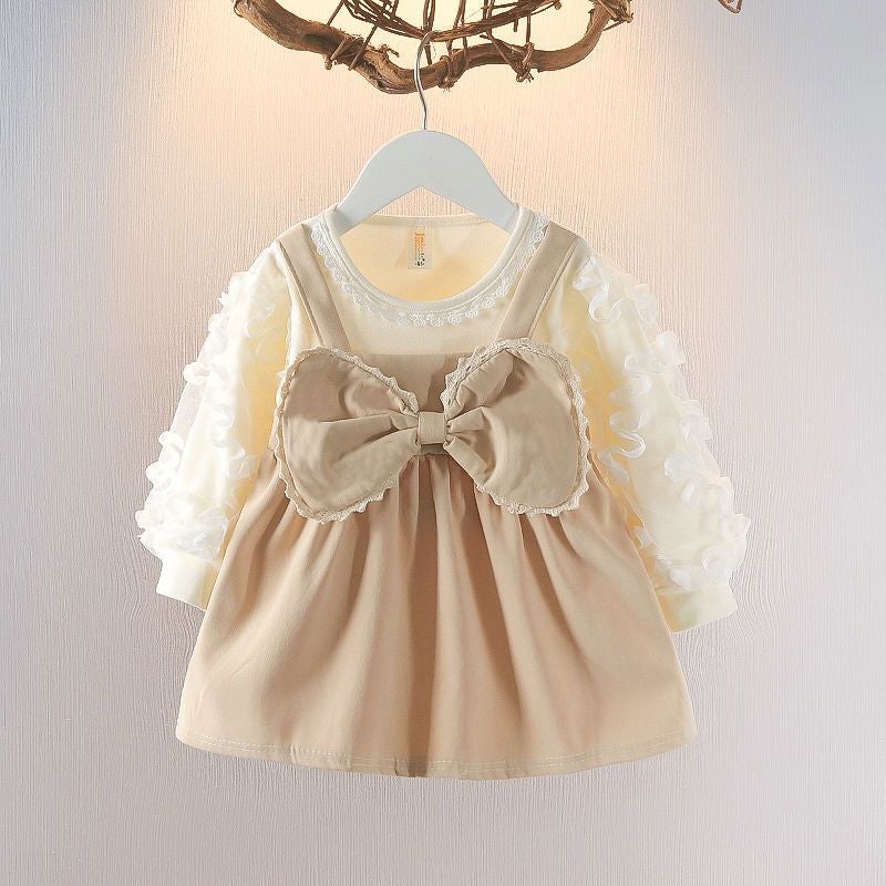 Girls 2024 Spring and Autumn New Arrival Western Style Dress Childrens Long-Sleeved Bow Babys Flower Gauze Princess Dress JJ Mind Beige 