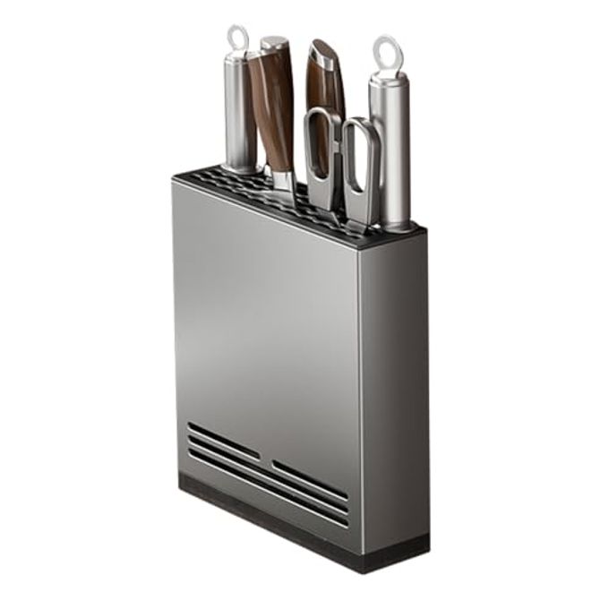 Magnetic Universal Knife Block Holder, Magnetic Aluminum Knife Holder for Refrigerator with Slots for Scissors and Sharpening Rod Storage Stand Display Unique Slot Design to Protect Blade