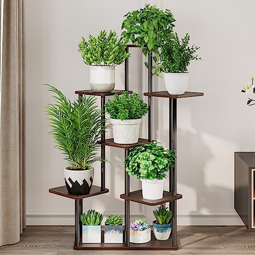 AZERPIAN Plant Stand 7 Tier Indoor Metal Flower Shelf for Multiple Plants Corner Tall Flower Holders for Patio Garden Living Room Balcony Bedroom, Black Oak - Image 3