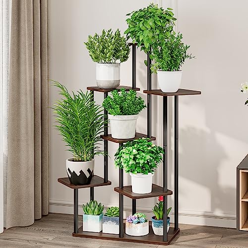 AZERPIAN Plant Stand 7 Tier Indoor Metal Flower Shelf for Multiple Plants Corner Tall Flower Holders for Patio Garden Living Room Balcony Bedroom, Black Oak - Image 2