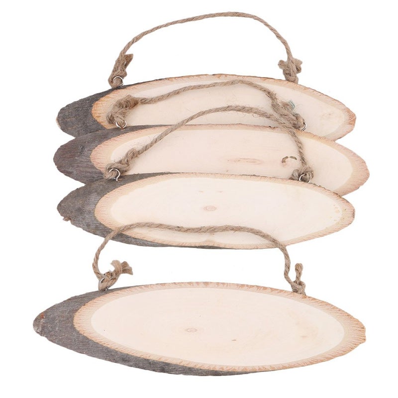 BQLZR 17cm21cm Natural Pine Wood Log Slices Oval Shaped Discs Tree Bark Wooden Circles with Rope for DIY Crafts Rustic Wedding Ornaments Pack of 4