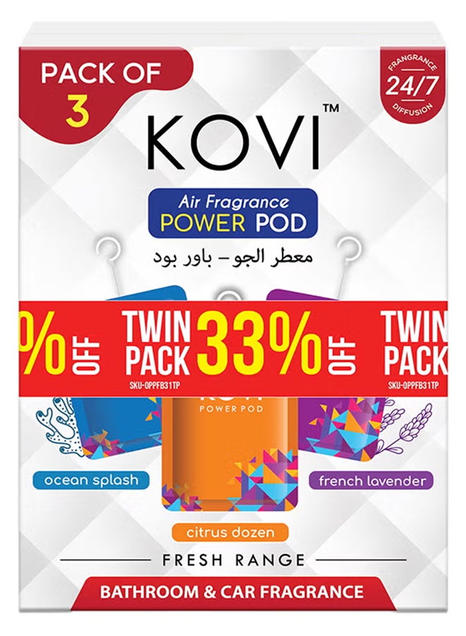 Kovi Air Fragrance Power Pod for Bathroom and Car, Citrus Dozen, French Lavender, Ocean Splash, Infused with Essential Oils, Long Lasting Fragrances, Fresh Range, Pack of 3, Twin Pack (10g Each) - Image 1