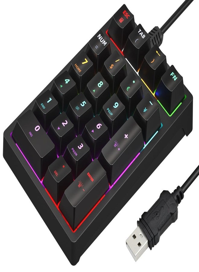Gurjot Number Pad, Mechanical USB Wired Numeric Keypad with Color Backlit 21 Key Numpad for Laptop Desktop Computer PC Black (Blue Switches) - Image 1