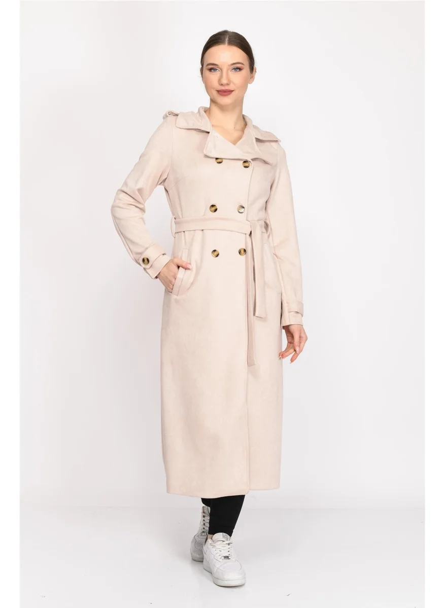 نوسيل Double Breasted Faux Suede Trench Coat Beige