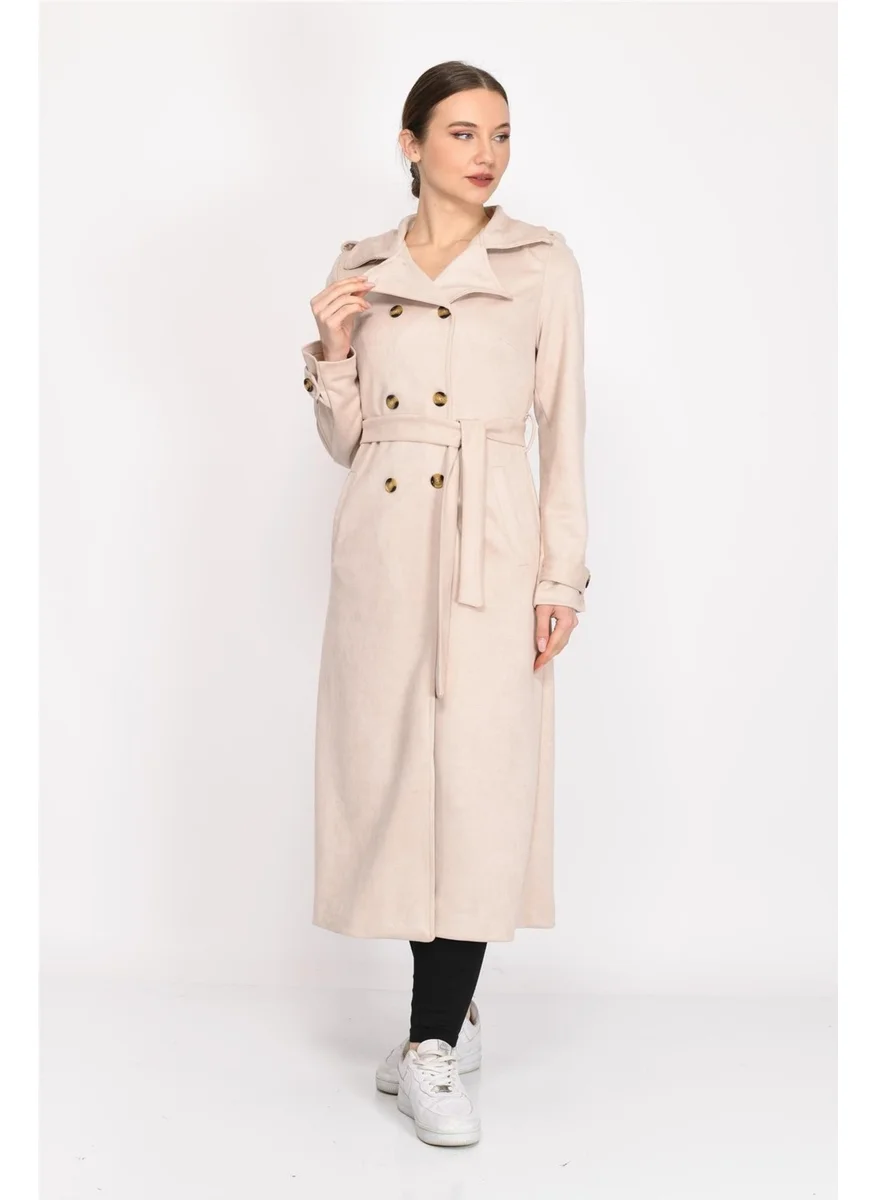 نوسيل Double Breasted Faux Suede Trench Coat Beige